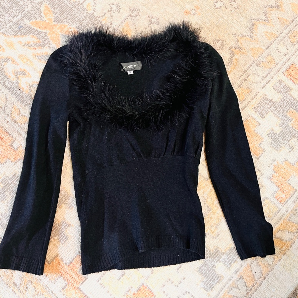 Annie B Maribou trim scoop neck black evening sweater Sz S